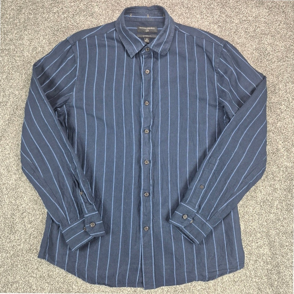 Banana Republic Linen Cotton Shirt Mens Medium Navy Blue Striped Untucked Fit